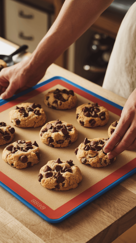 A silicone baking mat with freshly baked cookies, replacing single-use parchment paper.