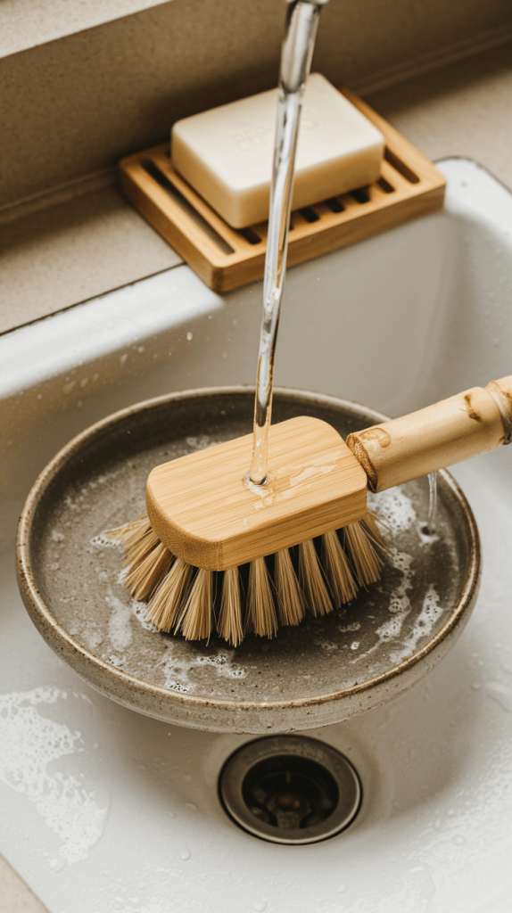 A bamboo dish brush with plant-based bristles being used to clean a plate under running water.