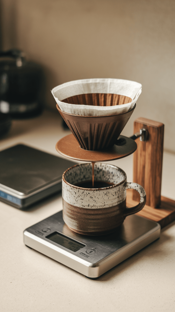 A reusable cloth coffee filter brewing coffee into a ceramic mug, replacing disposable filters.