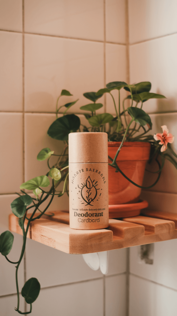 Plastic-free deodorant in a compostable cardboard tube, a sustainable alternative to regular deodorant.