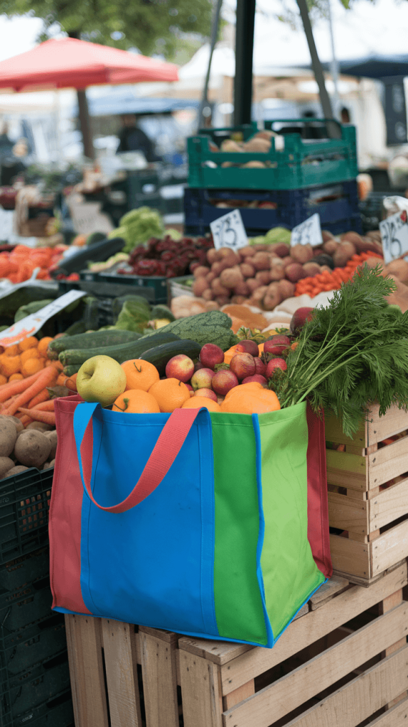 An eco-friendly reusable tote bag being used for grocery shopping.