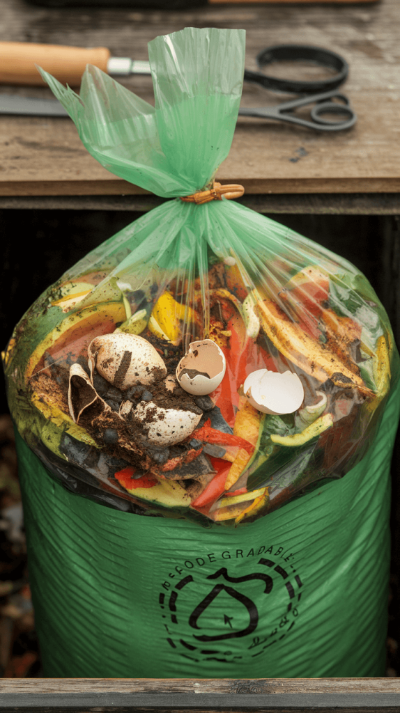 A biodegradable trash bag filled with compostable waste, helping to reduce plastic waste.