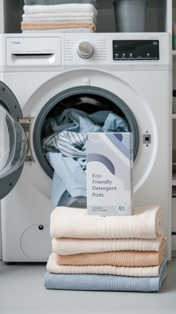 Plastic-free laundry detergent pods in a compostable box, placed beside a washing machine.