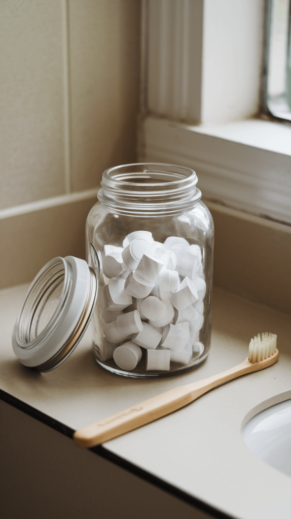 Plastic-free toothpaste tablets in a glass jar, offering a sustainable alternative to regular toothpaste.