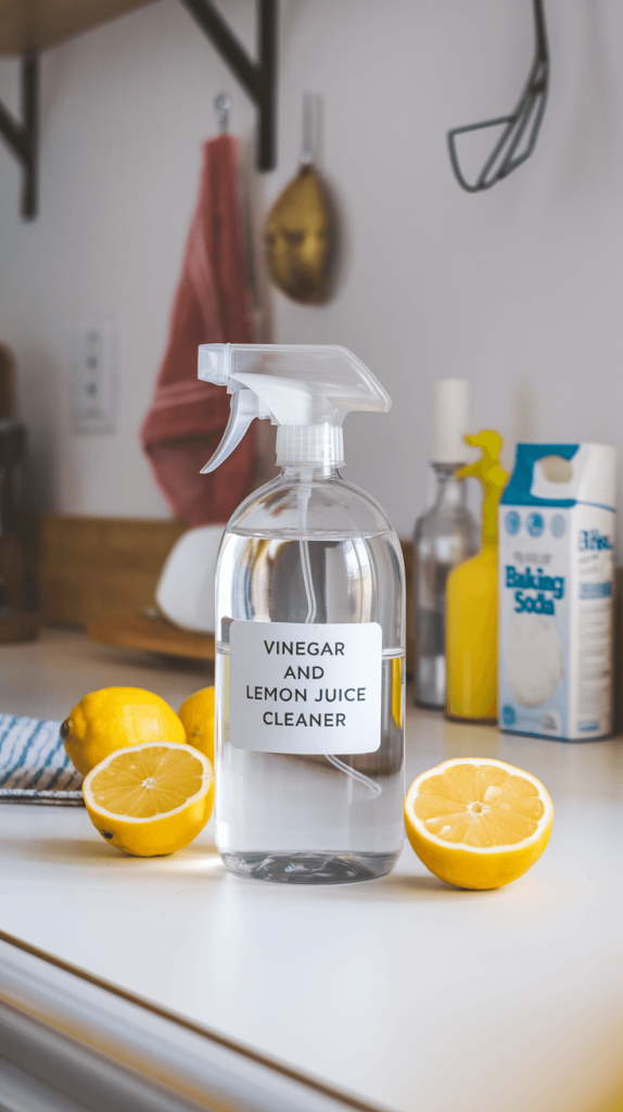 A natural DIY all-purpose cleaner in a glass spray bottle, sitting on a kitchen counter with lemons and baking soda.