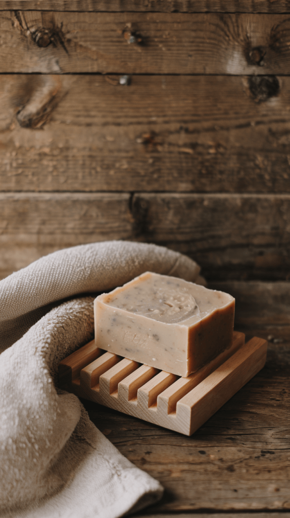 A plastic-free bar soap on a wooden tray, reducing waste from liquid body washes.