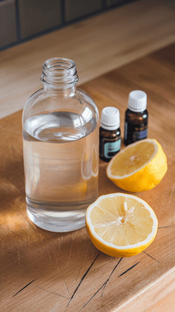 A DIY cleaning solution made with essential oils, stored in a reusable glass spray bottle.