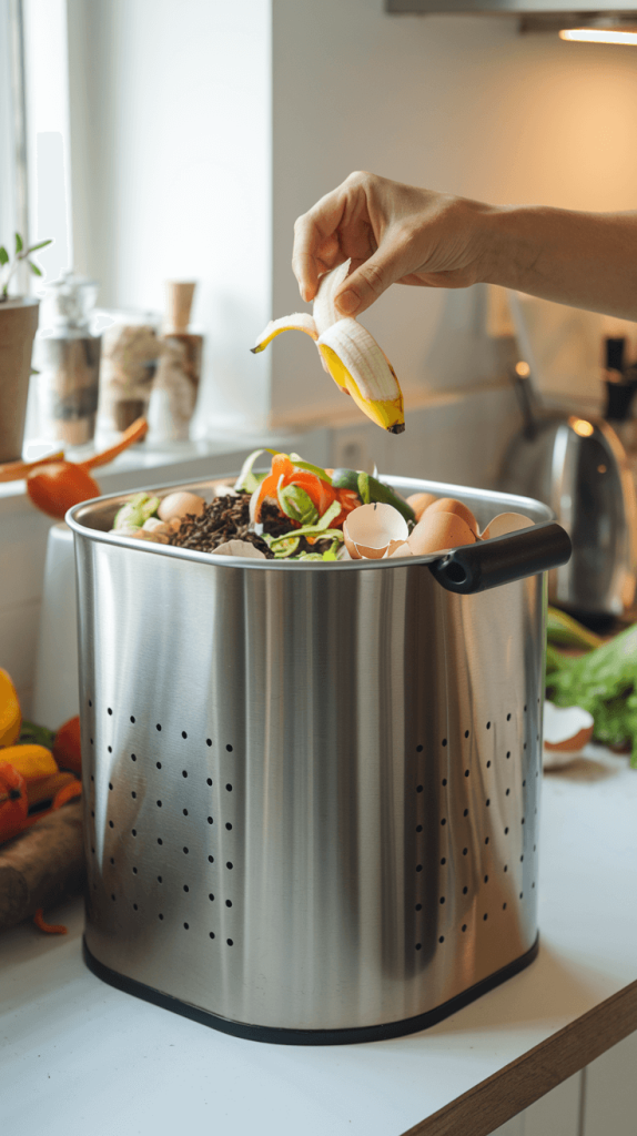 A stainless steel compost bin filled with food scraps, placed on a kitchen counter to reduce waste.