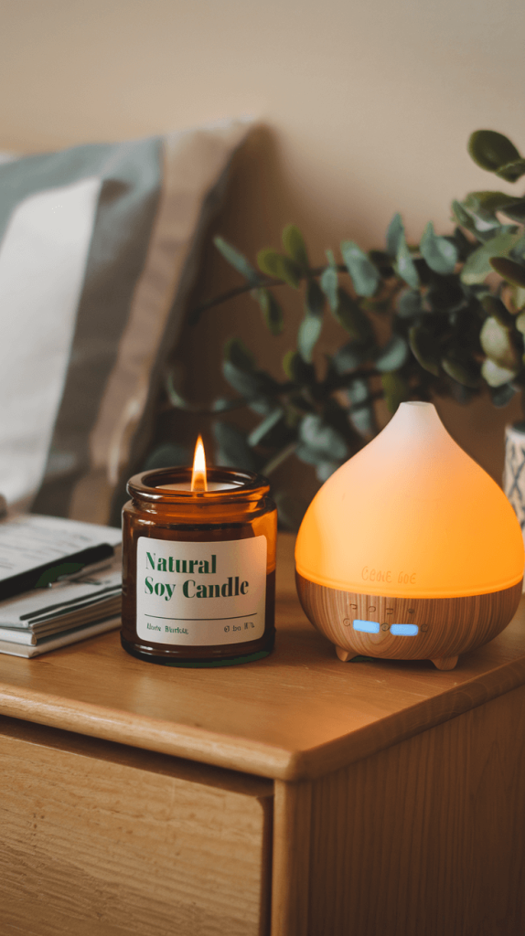 A soy candle and an essential oil diffuser providing a natural and toxin-free way to freshen the air.