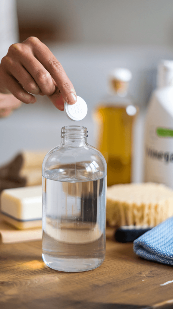 A person dropping a cleaning tablet into a reusable glass spray bottle filled with water, with eco-friendly cleaning supplies in the background.