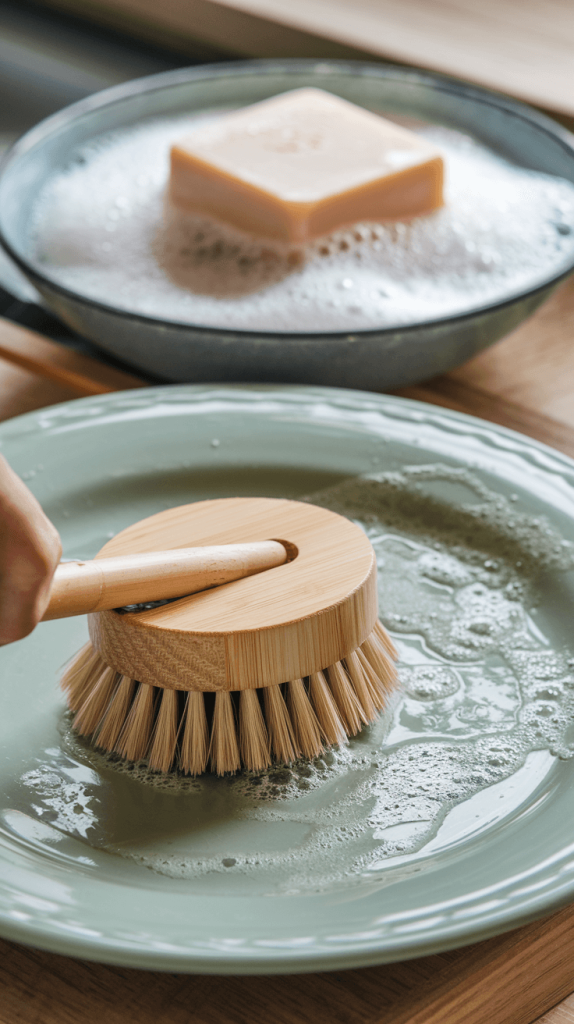 A zero-waste dishwashing soap bar producing lather while a bamboo dish brush scrubs a plate.