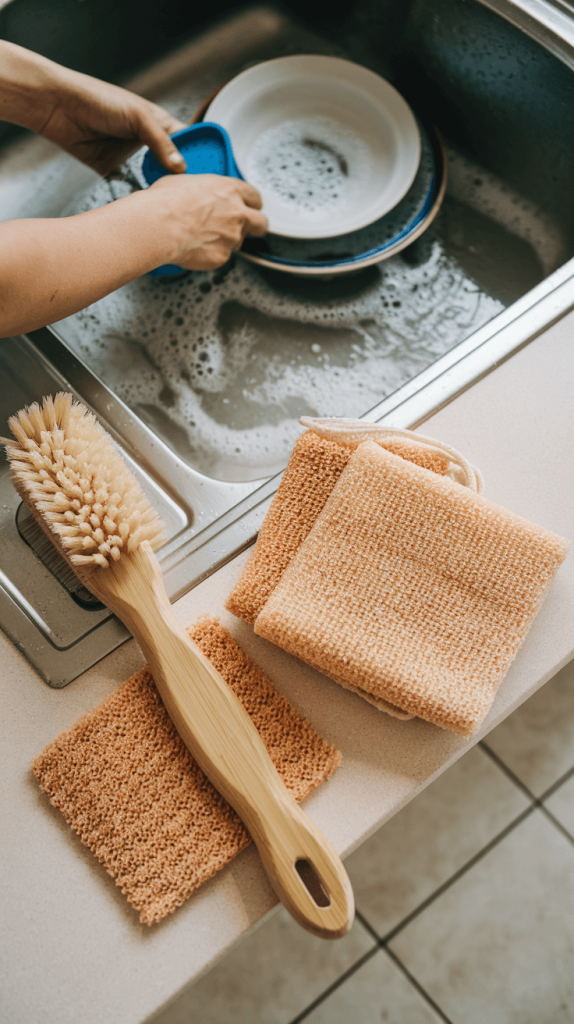 A bamboo dish scrub brush and reusable sponges resting next to a sink, with a person washing dishes.