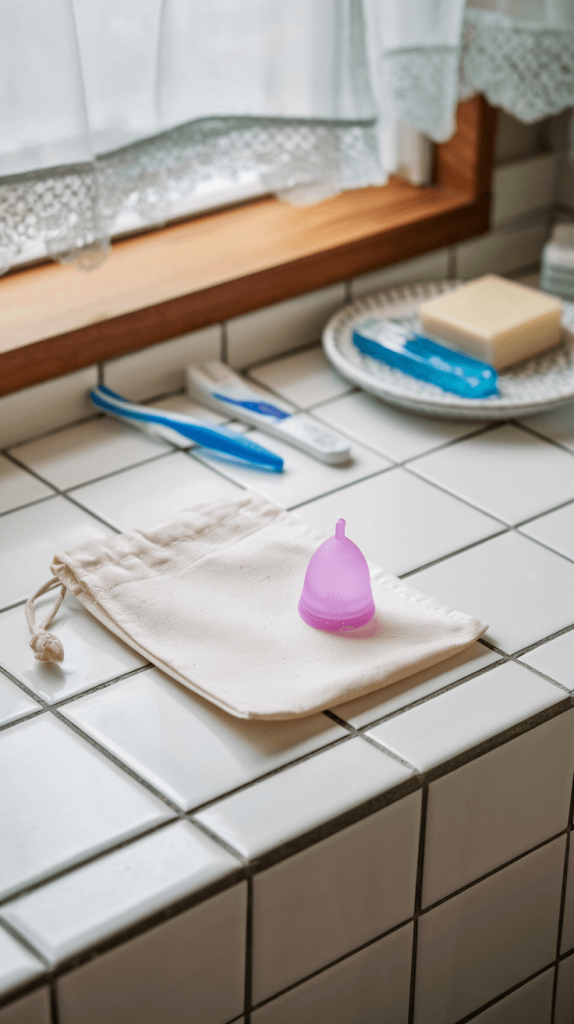 A zero-waste menstrual cup with a cotton storage pouch, replacing disposable pads and tampons.