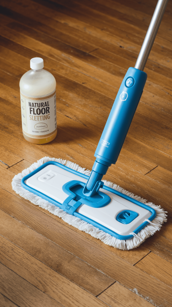 A person cleaning a wooden floor using an eco-friendly floor cleaner and a reusable mop.