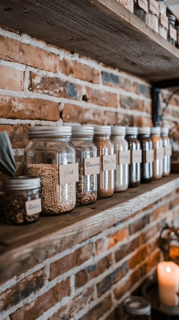 Glass mason jars filled with pantry essentials, stored neatly on a wooden shelf.