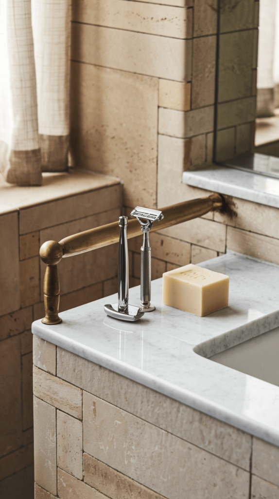 A reusable metal safety razor on a bathroom counter, reducing plastic waste from disposable razors.