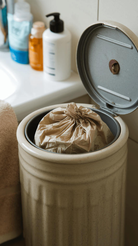 A compostable trash bag inside a bathroom bin, reducing plastic waste