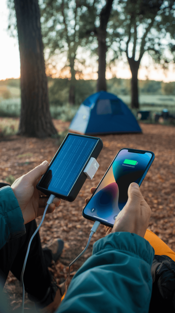 A portable solar charger harnessing renewable energy to charge a smartphone.