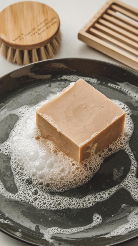 A dishwashing soap bar being used with a bamboo dish brush, creating thick lather on a plate.