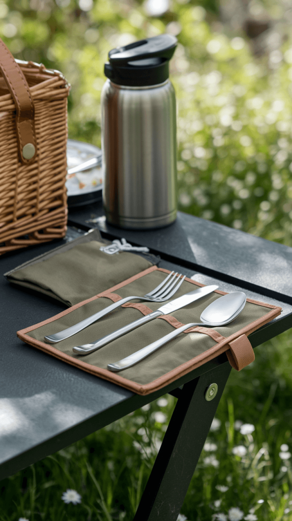 A reusable stainless steel cutlery set for eco-friendly dining on the go.