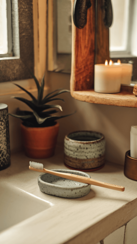 A biodegradable bamboo toothbrush on a soap dish, replacing plastic toothbrushes.