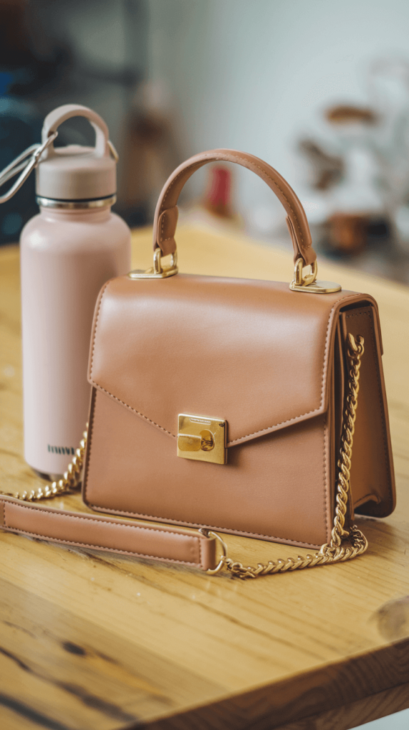 A fashionable vegan leather handbag and a reusable water bottle, showcasing sustainable accessories.