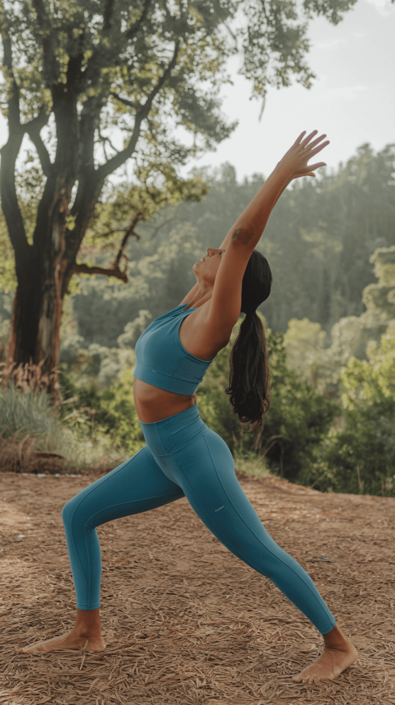 A woman in eco-friendly activewear practicing yoga in nature, promoting sustainable fitness wear.