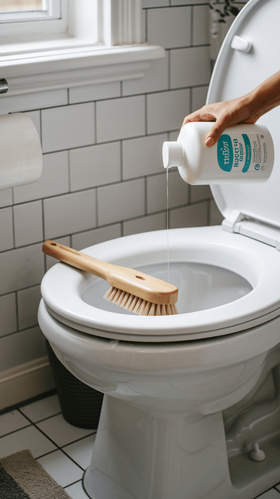 A plant-based toilet bowl cleaner being used with a reusable bamboo toilet brush.