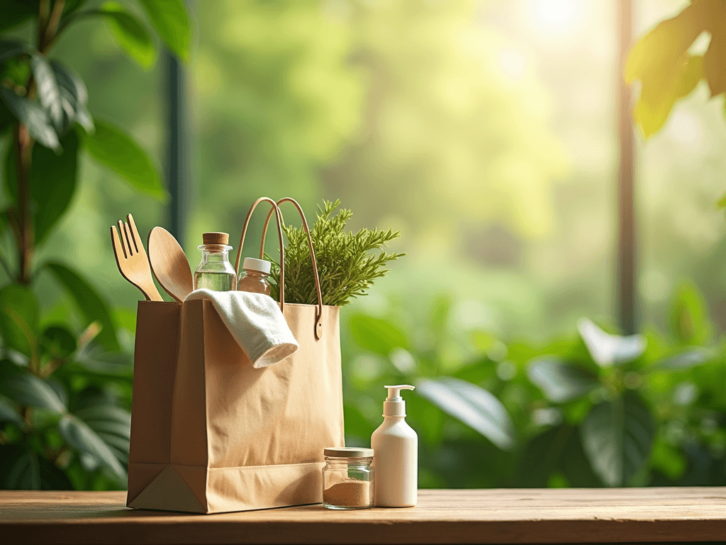 A vibrant and inviting eco-friendly shopping scene featuring a reusable bag filled with sustainable products like bamboo utensils, glass jars, cloth bags, and organic skincare bottles. The background showcases lush green plants and soft sunlight filtering through leaves, creating a warm and natural atmosphere.