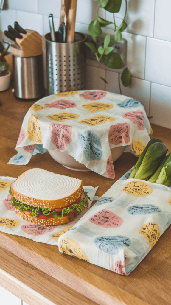 Reusable beeswax food wraps covering various food items on a wooden countertop, replacing plastic wrap.