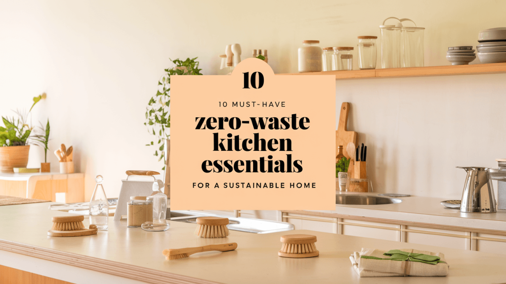 A modern, sustainable kitchen featuring eco-friendly essentials like glass containers, bamboo brushes, and a compost bin, with the blog post title displayed on a light background for clarity.