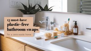 A modern, eco-friendly bathroom featuring plastic-free essentials like a bamboo toothbrush, shampoo bars, and a reusable safety razor.