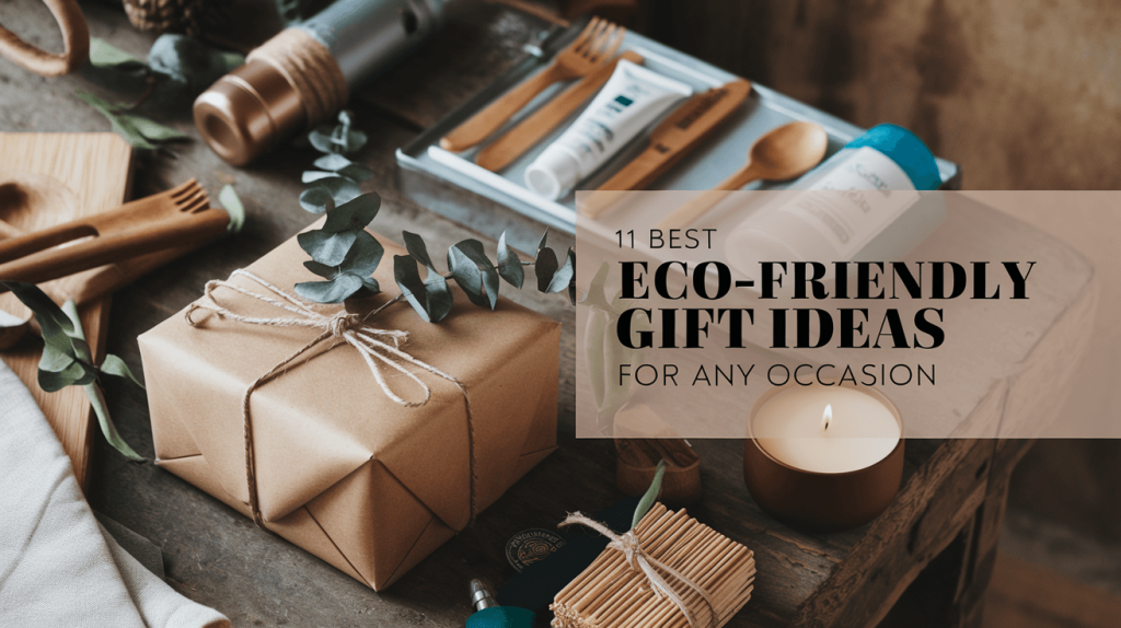 A beautifully wrapped eco-friendly gift box with sustainable products like a bamboo cutlery set and organic skincare, featuring the blog post title.