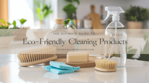 An aesthetically pleasing eco-friendly kitchen scene featuring natural cleaning supplies like glass spray bottles, bamboo scrub brushes, and compostable sponges, with the blog post title and 'thegreenshoppersguide.com' displayed at the bottom.