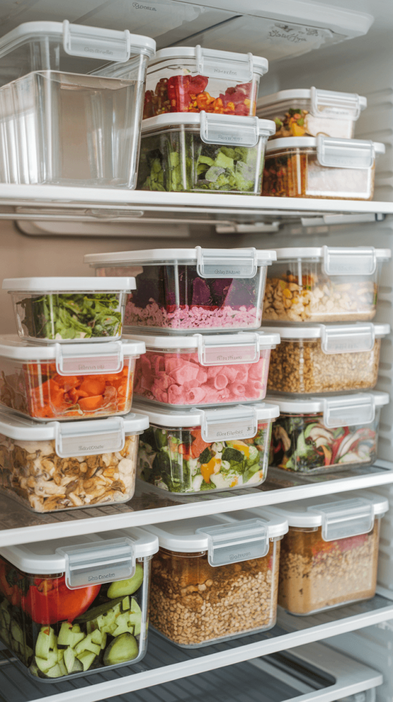 Glass storage containers filled with fresh food, neatly arranged in a refrigerator.