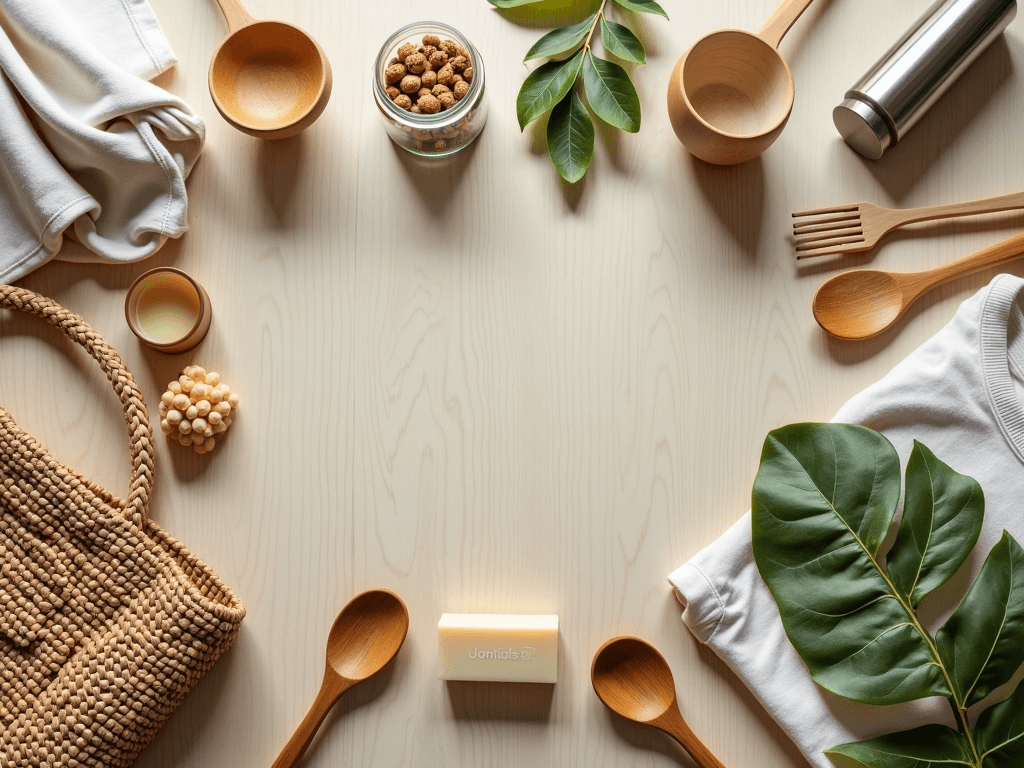 Flat-lay of eco-friendly products including bamboo utensils, organic cotton clothing, reusable jars, stainless steel bottle, and natural soap on a neutral background.